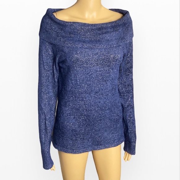 Cache Oversize Collar Navy Blue Metallic SweaterSize L - Picture 2 of 8